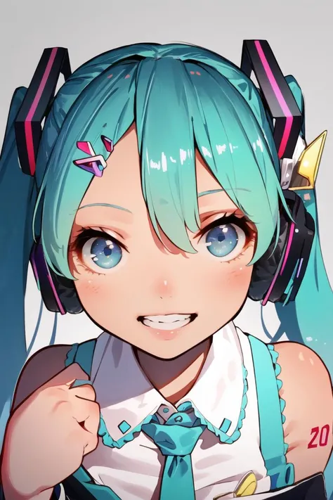 (best quality, masterpiece1.2), detailed,1girl, solo,looking at viewer,simple background, close-up, uwu,
standing ,smile ,detailed eyes , detailed face,realistic, adorable face , cute, hatsune miku, log eyelashes, teeth,hair ornament, necktie, headphones,
<lora:beautifulDetailedEyes:0.5>,elbow hand out of frame , <lora:MukStyle-27:1>