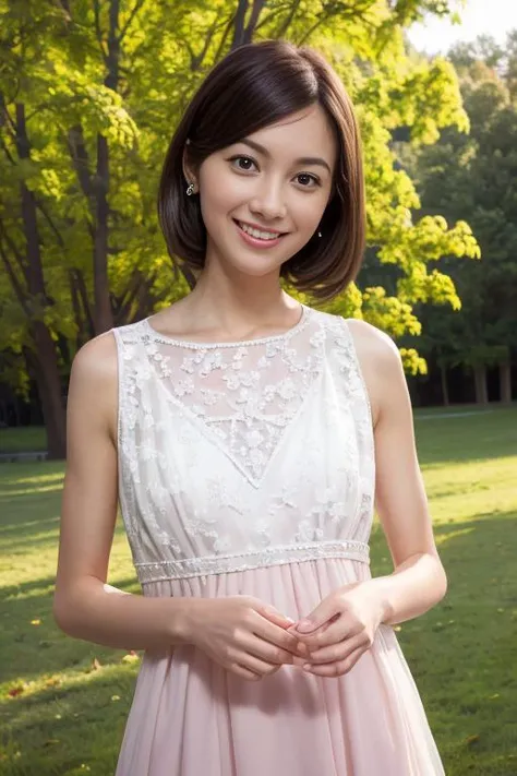 The beauty of 8K raw photos:2.0, Japanese woman, short hair, beautiful face and dark eyes, looking up, looking at the viewer:1.5, big smile, wet hair, tiny top, put hands on the hip, (pink dress:1.2), shinny skin, realistic:1.9, very detailed, cowboy shot from bottom:1.2, High resolution RAW color photos, professional photos, yellow wallpaper, standing, girl sexy portrait