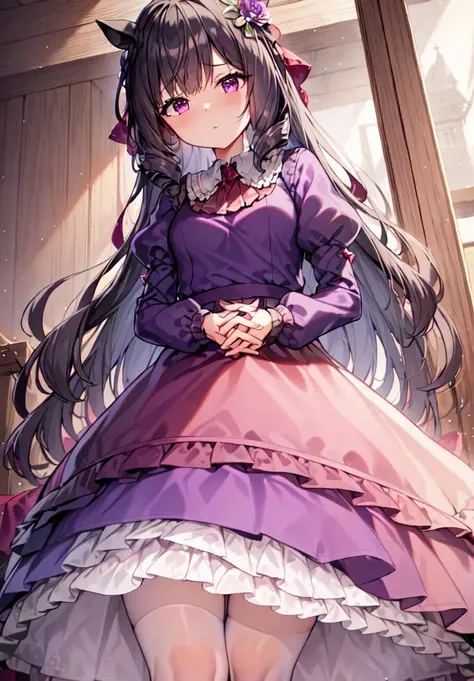 ((masterpiece, best quality)),
,Daiichi Ruby,horse ear, (purple_dress,purple_skirt), long_skirt,flower, frills, hair flower, interlocked fingers, long sleeves,own hands together, puffy sleeves, red flower, solo, white pantyhose,white legwear,small_breasts,
looking at viewer, ((View from a little higher up)),(Quiet expression),stand,
<lora:Daiichi Ruby_v1:0.7:ALL1>