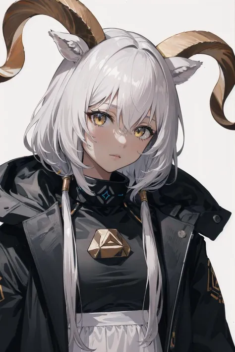 (8k), sharp focus, highres, 1girl, solo, (high quality:1.2), (high detail:1.2), (masterpiece:1.2), (extremely detailed:1.2), <lora:beeswaxBASE:0.8> black coat, goat ears, goat horns, yellow eyes, white hair, open coat, long hair, white dress, long sleeves, hair between eyes, low twintails