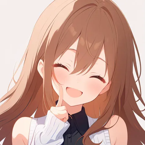 1girl,
solo, black shirt, bare shoulders, :d, sleeveless, smile, closed eyes, long hair, v, sidelocks, upper body, simple background, long sleeves, open mouth, sleeves past wrists, sweater, ^_^, hand up, collared shirt, white background, shirt, hair between eyes, white sweater, brown hair, sleeveless shirt, blush, facing viewer,
masterpiece, best quality, safe
<lora:mki-ani31-TMND-v2-000050:1> <lora:outline_xl_end:-2>