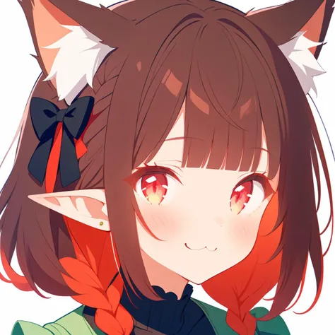 1girl, 
solo, portrait, simple background, animal ears, shirt, red hair, braid, looking at viewer, twin braids, extra ears, animal ear fluff, smile, :3, black bow, black shirt, hair bow, cat ears, bow, green dress, long sleeves, closed mouth, red eyes, dress, blush, blunt bangs, white background, pointy ears, 
masterpiece, best quality,  safe
 <lora:mki-ani31-TMND-v2-000050:1> <lora:outline_xl_end:-3>