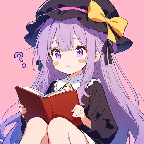 1girl,
solo, sitting, crossover, long hair, very long hair, blush stickers, reading, hair ribbon, open book, purple hair, color connection, :<, bow, simple background, hat, :3, ?, pokemon \(creature\), look-alike, holding, ribbon, trait connection, book, hat bow, mob cap, purple eyes, crescent, dress, pink background, holding book, hair bow,
masterpiece, best quality, safe
<lora:mki-ani31-TMND-v2-000050:1>