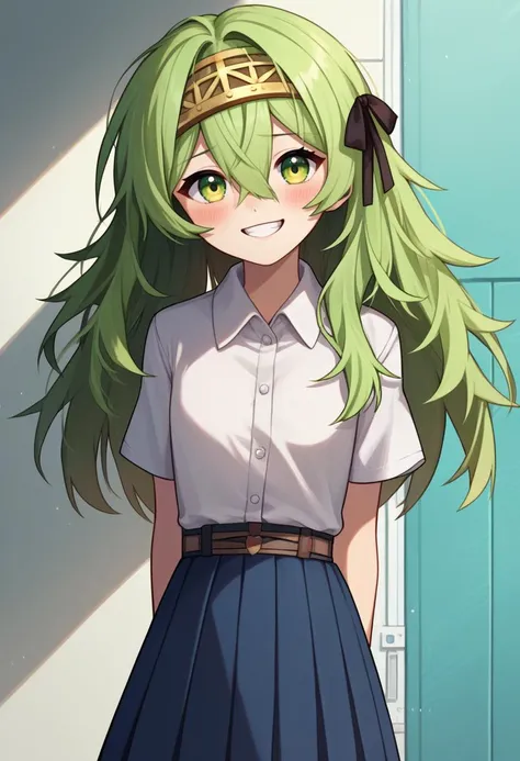 score_9, score_8_up, score_7_up, source_anime BREAK 1girl, solo, <lora:kilo-nikke-richy-v1_pdxl:1> kilo, green eyes, green hair, long hair, hairband, black hair ribbon, skirt, white shirt, standing, blush, smile, teeth, arms behind back, leaning back,