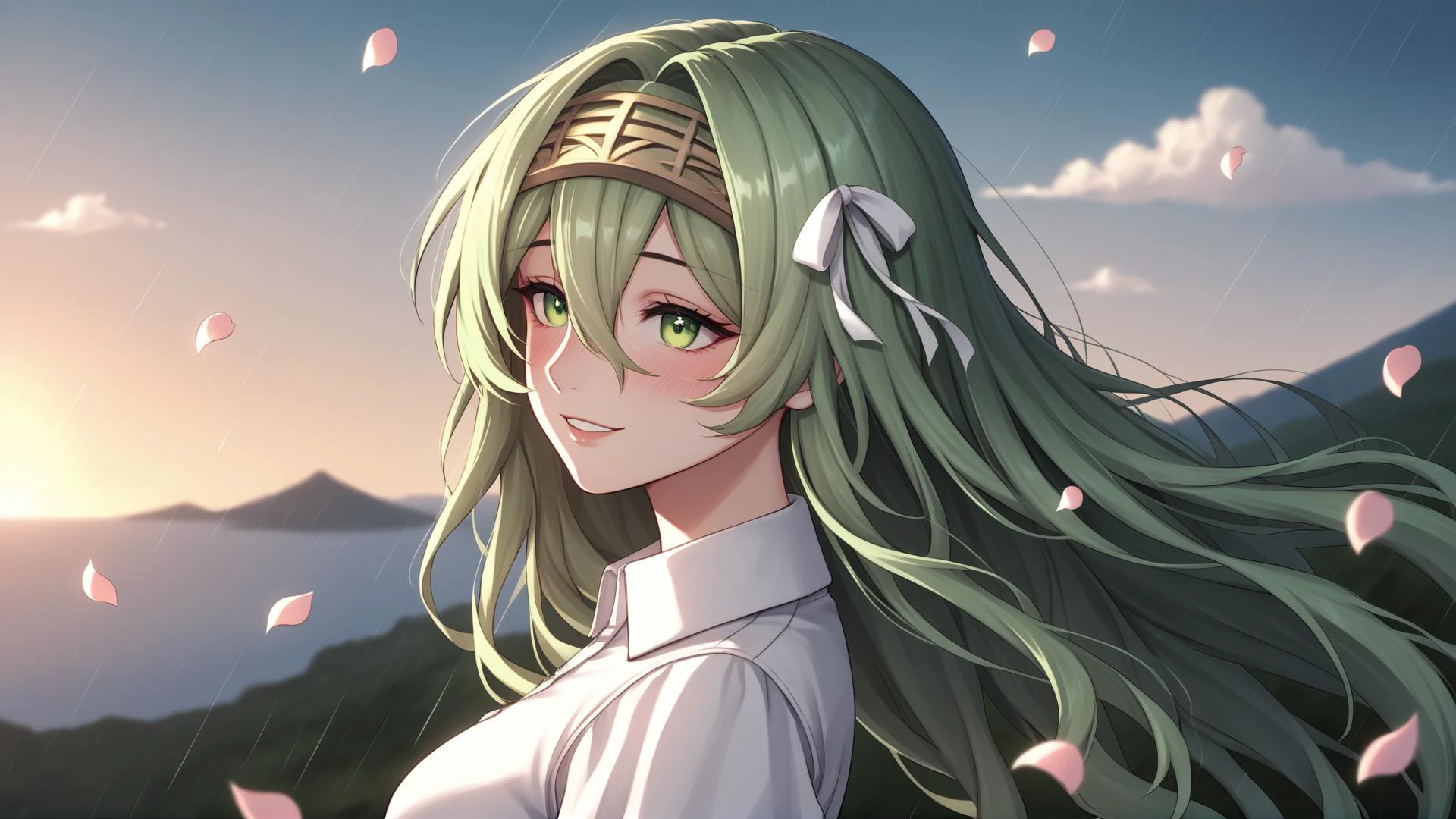 source_anime, charming, sweet, lovely, score_9, score_8_up, score_7_up, girl, solo, cute eyes, mature female, beautiful face, anime face, <lora:kilo-nikke-richy-v1_pdxl:1> kilo, green eyes, green hair, long hair, hairband, black hair ribbon, seductive smile, blush, bangs, sexy eyes, 
Medium breasts, narrow waist, shiny skin, (curvy:1), (portrait, face only:1.3), 
looking afar, (from side:0.85), fluttering hair, wind,
white collared shirt,
on the cliff, sea, mountain, sunset, Beautiful sky view, White chrysanthemum, full of flowers, full of petals fall, rain fall, heavy rain, 
depth of field, vivid color, high brightness, high saturatin, colorful, fantasy landscape,