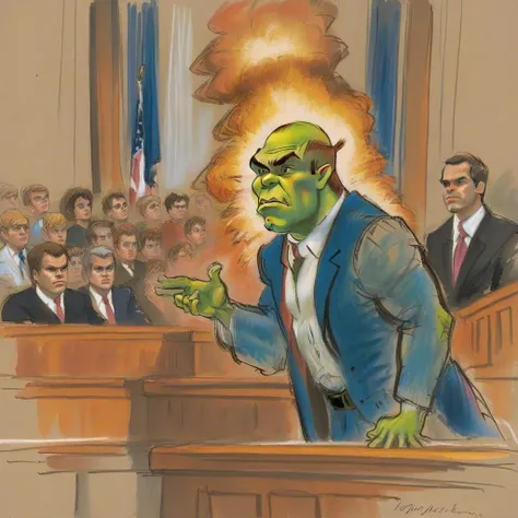 <lora:n47-courtroom-sketch-v1sdxl:1> courtroom-sketch of shrek pleading <lora:Explosion Artstyle - Trigger is Explosion Artstyle:0.3> Explosion Artstyle