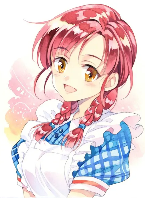 watercolor, 1girl, solo, braid, twin braids, smile, hair over shoulder, open mouth, apron, upper body, plaid, brown eyes, long hair, looking at viewer, short sleeves, :d, red hair, blush,<lora:SoftWatercolor-000017:1>