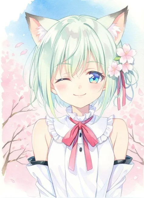 watercolor, 1girl,cherry blossoms,hair flower,ribbon,hair ribbon,cat ears,animal ear fluff,(wink:1.2),close one eye,smile,close mouth,blue eyes,short hair,grey hair,bangs,hair between eyes,eyebrows visible through hair,blush,neck ribbon,frilled,frilled_collar,flat chest,white dress,crease,sleeveless dress,detached_sleeves,looking at viewer,cherry blossoms tree around,blue sky,cirrus,<lora:SoftWatercolor-000013:0.8>