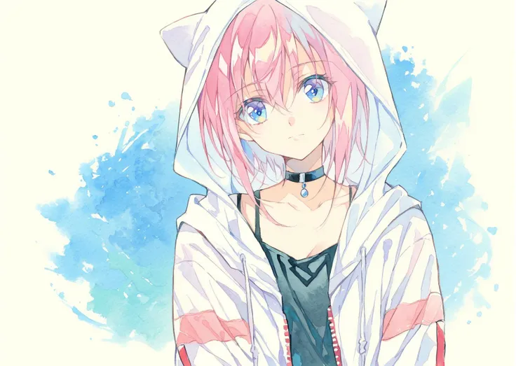 watercolor, 1girl, solo, hood, blue eyes, pink hair, collarbone, looking at viewer, choker, hood up, blue background, jacket, simple background, hooded jacket, closed mouth, bangs, black choker, hoodie, white jacket, camisole, hair between eyes, short hair, head tilt, medium hair,  <lora:SoftWatercolor-000014:0.9>