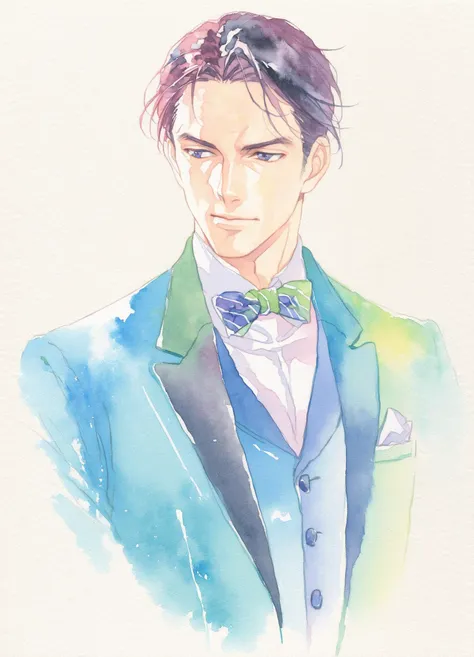 watercolor, 1boy, male focus, solo, formal, bowtie, painting, bow, suit, black hair, upper body,<lora:SoftWatercolor-000017:0.9>