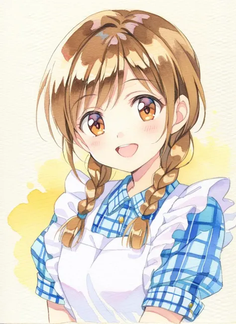 watercolor, 1girl, solo, braid, twin braids, smile, hair over shoulder, open mouth, apron, upper body, plaid, brown eyes, long hair, looking at viewer, short sleeves, :d, brown hair, blush,<lora:SoftWatercolor-000015:0.7>