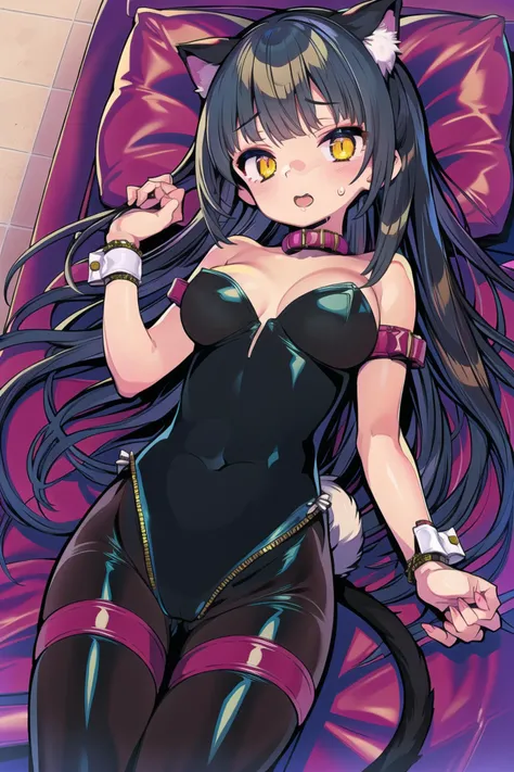 masterpiece, best quality, animal ears, fishnets, fishnet legwear, pillow, thigh strap, collar, long hair, leotard, tail, black hair, cuffs, breasts, bow, leg garter, open mouth, strapless, lying, bare shoulders, cat ears, highleg leotard, small breasts, on back, highleg, 1girl, looking at viewer, strapless leotard, solo, animal ear fluff, cat tail, yellow eyes, chain, wrist cuffs, pantyhose, black bow, bangs, cat girl