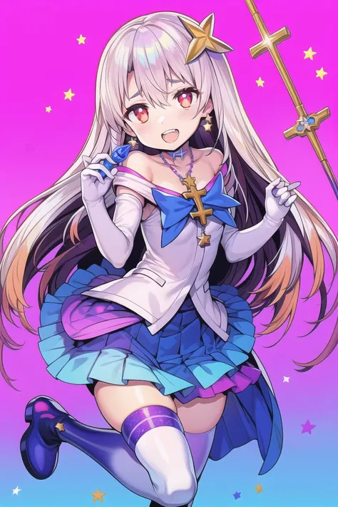 masterpiece, best quality, ((masterpiece)), ((best quality)),((8K wallpaper)),((highly detailed)),1girl, blush, boots, collarbone, cross, earrings, eyebrows_visible_through_hair, feathers, gloves, gradient, gradient_background, hair_between_eyes, hair_ornament, holding_wand, illyasviel_von_einzbern, latin_cross, long_hair, looking_at_viewer, magical_girl, magical_ruby, open_mouth, pink_background, pink_footwear, pleated_skirt, prisma_illya, red_eyes, saint_quartz_\(fate\), shikigami, skirt, smile, solo, star-shaped_pupils, star_\(symbol\), star_choker, star_earrings, star_hair_ornament, star_in_eye, star_necklace, star_pasties, star_print, starfish, starry_background, thigh_boots, thighhighs, wand, white_gloves