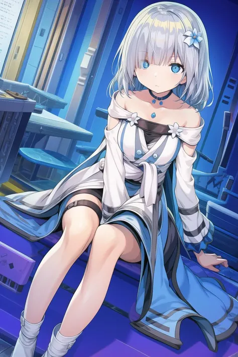 masterpiece,bast quality,official art,8K wallpaper,game cg,isuzurenmagic \(magiarecord\),1gir, blue eyes,hair over one eye,expressionless, hair ornament, grey hair, short hair, hair flower,sitting, choker, black choker, shoulder cutout, dress,white footwear,full body,, <lora:ringmag2:1:1,0.1,0.1,0.1,0.1,0,1,0,0.8,1,1,0,0,0,0,0,0>