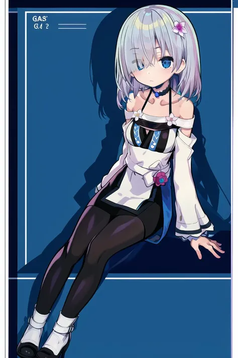masterpiece,bast quality,official art,8K wallpaper,game cg,isuzurenmagic \(magiarecord\),1gir, blue eyes,hair over one eye,expressionless, hair ornament, grey hair, short hair, hair flower,sitting, choker, black choker, shoulder cutout, dress,white footwear,full body,, <lora:ringmag2:1:1,0.1,0.1,0.1,0.1,0,1,0,0.8,1,1,0,0,0,0,0,0>