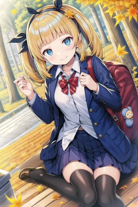 masterpiece, best quality, depth of field,only one gril,(kirima syaro walking on the country lanes),[back bag] ,blonde hair, blue eyes , brown footwear, collared shirt , dress shirt , hairband , low twintails, open clothes ,open jacket , pleated skirt ,school uniform , shirt ,sitting skirt, smile twintails ,white shirt,cute,very cute,some maple leaf falling down,maple tree,happy,many yellow leaves on the ground,(black thighhighs)