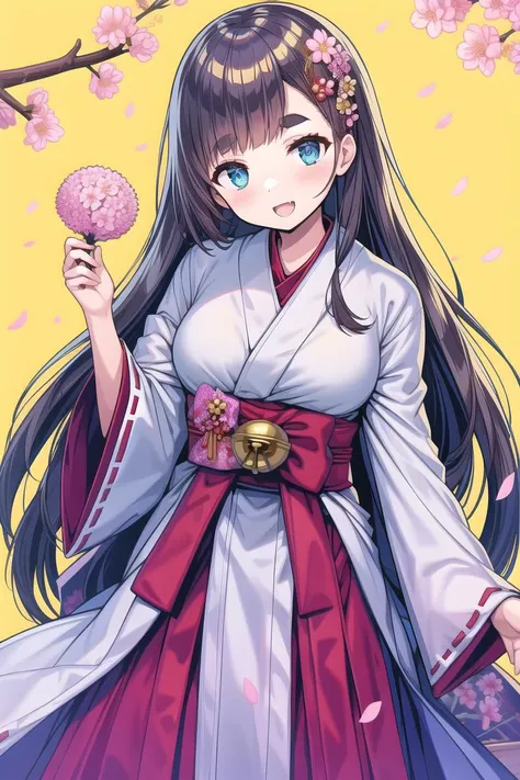 masterpiece, best quality, 1girl, :d, bell, blue_eyes, blush, branch, cherry_blossoms, cowboy_shot, eyebrows_visible_through_hair, floral_background, flower, gohei, hair_bell, hair_ornament, hair_over_one_eye, hakama, hakama_skirt, hamaya, holding, japanese_clothes, jingle_bell, kimono, long_sleeves, looking_at_viewer, miko, pink_flower, red_hakama, ribbon, skirt, smile, solo, spring_\(season\), white_kimono, wide_sleeves