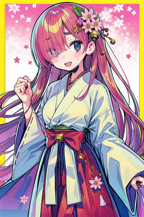 masterpiece, best quality, 1girl, :d, bell, blue_eyes, blush, branch, cherry_blossoms, cowboy_shot, eyebrows_visible_through_hair, floral_background, flower, gohei, hair_bell, hair_ornament, hair_over_one_eye, hakama, hakama_skirt, hamaya, holding, japanese_clothes, jingle_bell, kimono, long_sleeves, looking_at_viewer, miko, pink_flower, red_hakama, ribbon, skirt, smile, solo, spring_\(season\), white_kimono, wide_sleeves