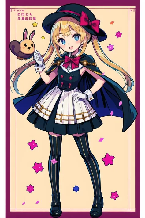 masterpiece, best quality, 1girl, :d, animal, black legwear, blonde hair, blue eyes, bow, bowtie, bunny, cape, cherry blossoms, confetti, gloves, hat, kirima sharo, looking at viewer, mary janes, monocle, open mouth, page number, petals, pinstripe pattern, shoes, simple background, smile, striped, striped bow, striped legwear, thighhighs, twintails, vertical-striped legwear, vertical stripes, watch, white gloves