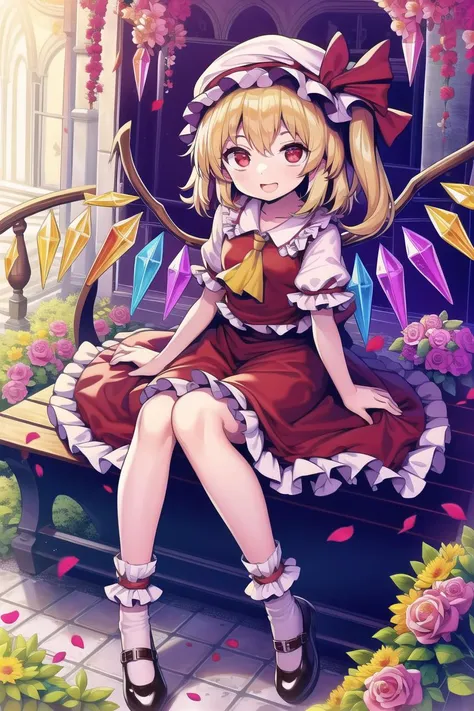 masterpiece, best quality, masterpiece, best quality, (8K wallpaper),masterpiece,(highly detailed),best quality, masterpiece, best quality, touhou,(((flandre scarlet))),best quality,sitting on a bench,In garden,looking at viewer,(bright red eyes),(((Very happy cute little girl))),Brown shoes,White lace-trimmed socks,Sunlight shines through the leaves,Surrounded by roses,Flower petals float in the air