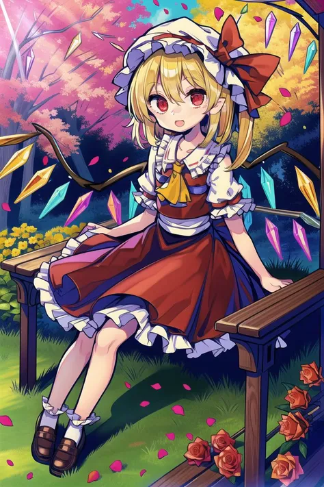 masterpiece, best quality, masterpiece, best quality, (8K wallpaper),masterpiece,(highly detailed),best quality, masterpiece, best quality, touhou,(((flandre scarlet))),best quality,sitting on a bench,In garden,looking at viewer,(bright red eyes),(((Very happy cute little girl))),Brown shoes,White lace-trimmed socks,Sunlight shines through the leaves,Surrounded by roses,Flower petals float in the air