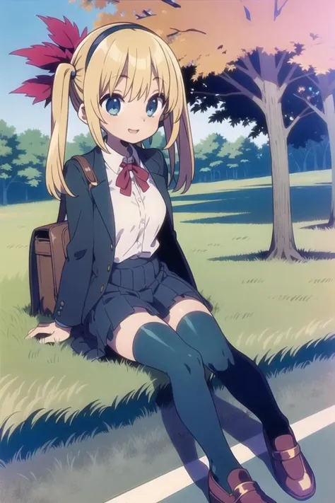 masterpiece, best quality, depth of field,only one gril,(kirima syaro walking on the country lanes),[back bag] ,blonde hair, blue eyes , brown footwear, collared shirt , dress shirt , hairband , low twintails, open clothes ,open jacket , pleated skirt ,school uniform , shirt ,sitting skirt, smile twintails ,white shirt,cute,very cute,some maple leaf falling down,maple tree,happy,many yellow leaves on the ground,(black thighhighs)