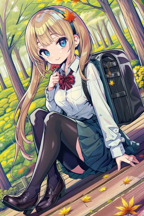 masterpiece, best quality, depth of field,only one gril,(kirima syaro walking on the country lanes),[back bag] ,blonde hair, blue eyes , brown footwear, collared shirt , dress shirt , hairband , low twintails, open clothes ,open jacket , pleated skirt ,school uniform , shirt ,sitting skirt, smile twintails ,white shirt,cute,very cute,some maple leaf falling down,maple tree,happy,many yellow leaves on the ground,(black thighhighs)