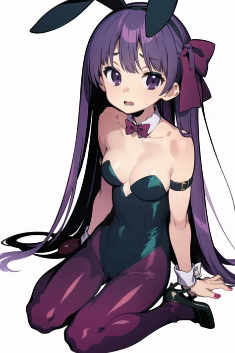 masterpiece, best quality, 1girl, animal_ears, bangs, bare_shoulders, black_leotard, blue_bow, bow, breasts, brown_legwear, cleavage, collarbone, crescent, crescent_hair_ornament, fake_animal_ears, hair_bow, hair_ornament, high_heels, leotard, long_hair, looking_at_viewer, open_mouth, pantyhose, patchouli_knowledge, playboy_bunny, purple_eyes, purple_hair, rabbit_ears, red_bow, red_footwear, shoes, simple_background, sitting, small_breasts, solo, strapless, very_long_hair, wariza, white_background, wrist_cuffs