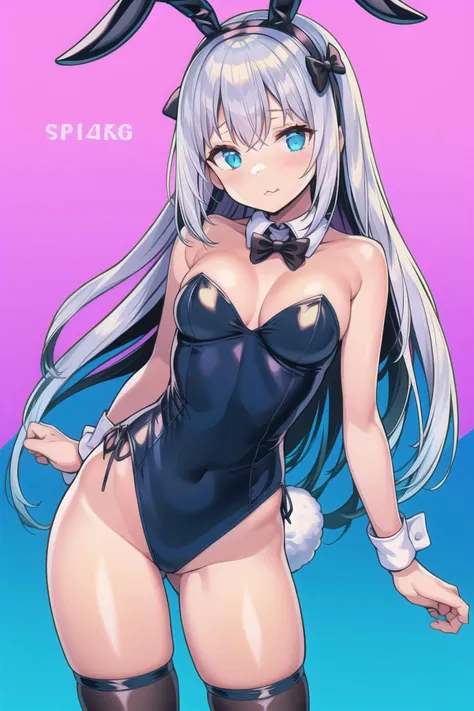 masterpiece,best quality,8K wallpaper,highly detailed,1girl, animal ears, bangs, bare shoulders, black bow, black bowtie, black hairband, black legwear, black leotard, blue eyes, bow, bowtie, breasts, cleavage, detached collar, fake animal ears, gradient, gradient background, hair bow, hairband, (izumi sagiri), leotard, long hair, looking at viewer, pink background, playboy bunny, rabbit ears, silver hair, small breasts, solo, standing, strapless, strapless leotard, tail, thighhighs, wrist cuffs