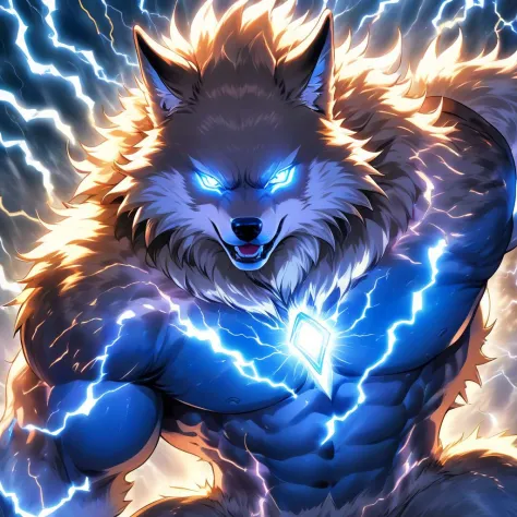 1boy,furry male,furry,bulky muscles,bulky,wolf,wolf boy,upper body face close-up,bulky muscular,upper body face close-up,bulky muscular male,In a realm where lightning dances, electricity flows, and penetrates the very core of existence, a majestic amalgam of man and beast emerges, a furry figure adorned with powerful muscles that create thunderous waves. Imagine this anthropomorphic being, a marvel of primal power and mystical energy.
In this mesmerizing scene, they stand surrounded by a vortex of lightning, a swirl of power that defies the fabric of reality.
Their eyes, twin orbs of electric blue, radiate a fierce intensity that reflects the storm. Each muscle and tendon is a testament to their primal power, embodying the raw force of nature. As they move, the ground seems to tremble in reverence and the air resonates with their presence.
They are the living embodiment of the electric symphony that underlies all creation.
absurdres, anime, color, ballpoint pen, 2D, detailed face, digital art