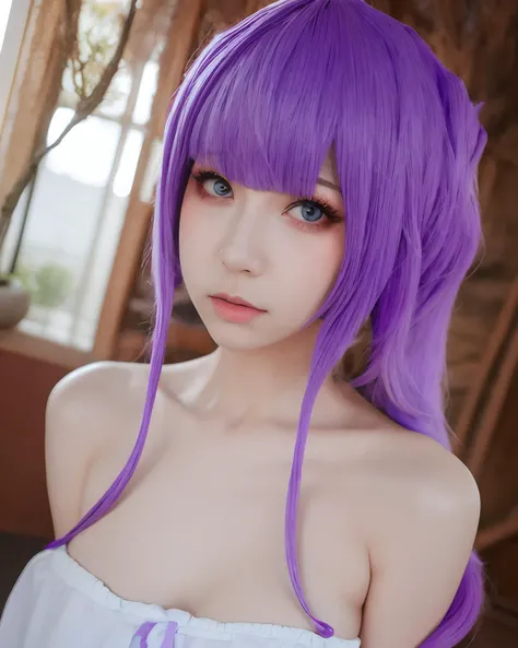 masterpiece, best quality, ultra-detailed, photorealistic, realistic,  sfw, 1 girl, solo, upper body, cosplay , purple hair, shy,  looking at viewer,  <lora:meimei:1:0.8:0,0,0,0,0,0.3,1,1,1,1,1,1,1,1,1,1,1>