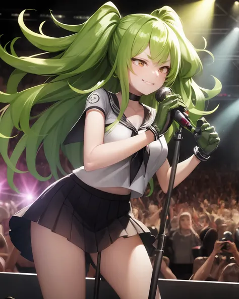 (extremely detailed CG unity 8k wallpaper),(masterpiece), (best quality), (ultra-detailed), (best illustration),(best shadow), (cowboy shot:1.2), (sharp eyeliner, eyeshadow, detailed eyes:1.1), rock concert, mic stand, crowd, spotlights, stage
,BREAK
m590aschool, smirk, dynamic pose, bare arms
 <lora:M590a_Calico:1>