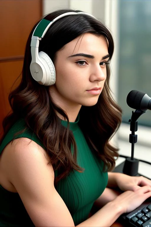 highly detailed photo of BCoop69 wearing white headphones and a black dress, sitting at a news desk, RAW candid cinema, woman, studio, 16mm, ((color graded portra 400 film)) ((remarkable color)), (ultra realistic), textured skin, remarkable detailed pupils, ((realistic dull skin noise)), ((visible skin detail)), ((skin fuzz)), (dry skin) shot with cinematic camera, ,