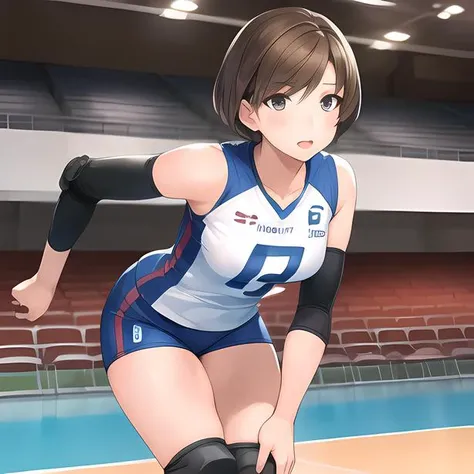 1girl, (masterpiece), (best quality), solo,

Very Short Hair,leaning forward,full body,
volleyball uniform,volleyball,indoor stadium,sportswear,realistic,tall,elbow pads,knee pads
 <lora:volleyballUniform_v10:0.8>