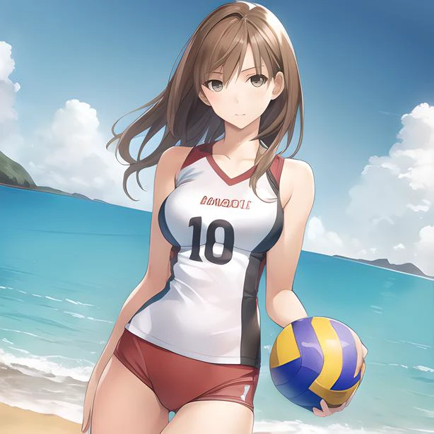 1girl, (masterpiece), (best quality), solo,
beach, sand, water,
brown Hair,
volleyball uniform,volleyball,sportswear,realistic,tall,
narrow waist, thighs, wide hips, perfect face, detailed eyes,
 <lora:volleyballUniform_v10:0.8>