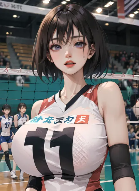 1girl,(dark skin:1.1),volleyball uniform  , short hair, (gigantic breasts:1.15), skindentation, tall ,narrow waist,wide hips,eyeliner, eyelashes, perfect face, detailed eyes,  indoor stadium,upper body (masterpiece, high quality:1.2)