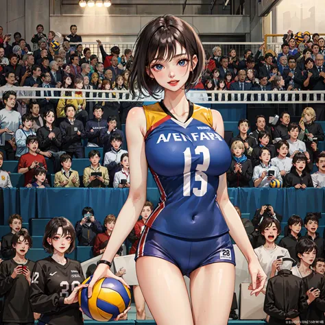((1girl)), volleyball uniform, smile, holding volleyball, milf, mature female, short hair, (gigantic breasts:1.2), skindentation, tall ,narrow waist, thighs, wide hips,eyeliner, eyelashes, perfect face, detailed eyes, facial lighting, indoor stadium, audience, crowd, looking at viewer(masterpiece, high quality:1.2)
<lora:volleyballUniform_v10:0.6>