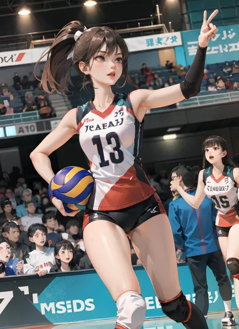 1girl, volleyball uniform, running, thighs, single thighhigh,perfect face, detailed eyes, detailed lighting, indoor stadium, audience, crowd(masterpiece, high quality:1.2)