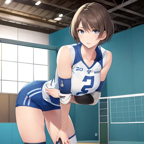 1girl, (masterpiece), (best quality), solo,

Very Short Hair,leaning forward,full body,
volleyball uniform,volleyball,indoor stadium,sportswear,realistic,tall,elbow pads,knee pads
narrow waist, thighs, wide hips, perfect face, detailed eyes,
 <lora:volleyballUniform_v10:0.8>