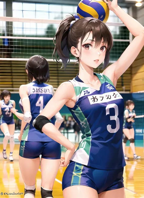 1girl, volleyball uniform, indoor stadium, standing, looking at viewer(masterpiece, high quality:1.2)