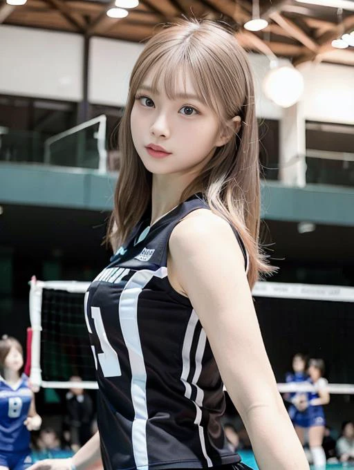 best quality, masterpiece, (hyperrealistic, photo-realistic:1.3), amazing, finely detail, ultra-detailed, highres,// beautiful detailed Korean girl, extremely detailed eyes and face, beautiful symmetrics eyes, 1girl, smile,// (light brown:black hair), narrow waist, small breasts, sweat, detailed fingers, sportswear, (volleyball uniform:1.1), elbow pads, knee pads, volleyball court, volleyball net, indoor stadium, audience, cinematic lighting, dynamic angle, depth of field,
<lora:Japanese-doll-likeness:0.3> <lora:volleyballUniform_v10:0.6> <lora:Korean-doll-likeness:0.6>