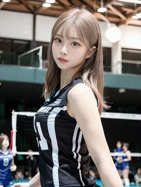 best quality, masterpiece, (hyperrealistic, photo-realistic:1.3), amazing, finely detail, ultra-detailed, highres,// beautiful detailed Korean girl, extremely detailed eyes and face, beautiful symmetrics eyes, 1girl, smile,// (light brown:black hair), narrow waist, small breasts, sweat, detailed fingers, sportswear, (volleyball uniform:1.1), elbow pads, knee pads, volleyball court, volleyball net, indoor stadium, audience, cinematic lighting, dynamic angle, depth of field, 

<lora:Japanese-doll-likeness:0.3> <lora:volleyballUniform_v10:0.6> <lora:Korean-doll-likeness:0.6>