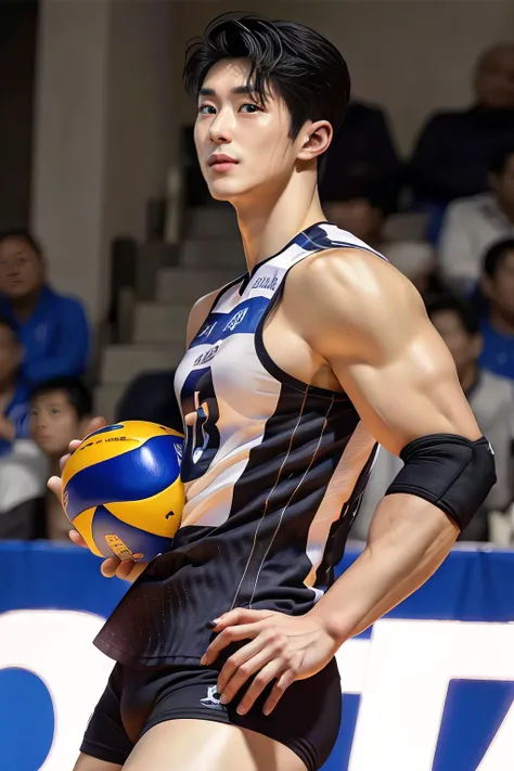 oppav3, (masterpiece, ultra quality, high resolution, 8k, intricate: 1.2), (detailed face:1.2), volleyball, bulge,  short black hair, detailed skin, pores, absurdres, male focus, ((realistic)), ((pale skin)), [[muscles]], hunk, handsome, sports, sexy, 1boy, hunk, muscle vein, perfect body, <lora:oppav3:0.9>,  <lora:volleyballUniform_v20Lora:0.9>
