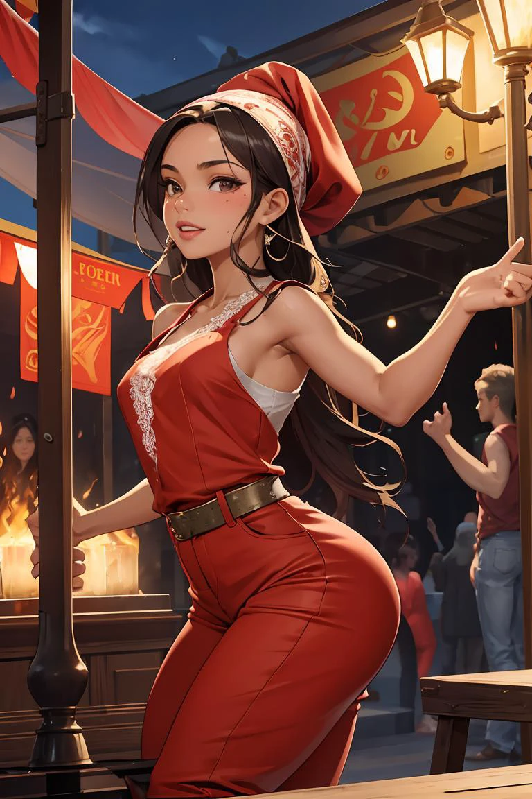 (masterpiece, best quality),female twenty-something, lean, african, chestnut eyes, small ears, unusual nose, pointed chin, asymmetrical cheeks, diamond face shape with angular cheeks, athletic build, birthmarks, red long layers hair, delight wearing denim jumpsuit, lace g-string, bandana,, dancing pose, dancing with fluid and graceful movements, exuding sensuality and allure, firelight, the flickering glow of a fireplace, bringing intimacy and warmth to the setting, a lively street fair, with food stalls, live music, and laughter
