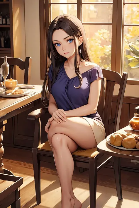 (masterpiece, best quality),female twenty-something, ripped, native american, deep blue eyes,   square chin with cleft, u-shaped jaw,  sloping forehead,     , purple long and straight hair, anger wearing cotton hipster, low-cut blouse,  , crossed legs, standing with legs crossed, showcasing elegance and seduction, warm lighting, soft golden or amber hues creating a cozy and inviting atmosphere, a family dinner gathering, with a beautifully set table and heartfelt conversations