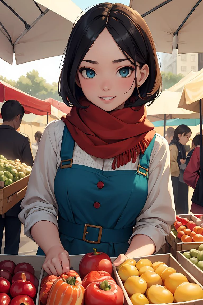 (masterpiece, best quality),female golden age, wholesome, east asian, blue eyes, square chin, underbite jaw, hollow cheeks, rounded forehead, red carpet makeup , teal layered haircut hair, confusion wearing overall dress, peek-a-boo bra, , playing with scarf, playing with a scarf with a flirtatious smile, adding a touch of mystery and allure, romantic, a combination of soft lighting, warm tones, and gentle shadows to enhance the romantic atmosphere, a vibrant farmer's market, bustling with people and colorful produce