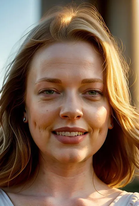 s4rahsn00k-1850, masterpiece, sfw, austere, closeup headshot portrait, detailed face, smiling emotional facial expression, standing in front of beautiful monument, at sunset, golden hour, lensflares, god rays, backlit, specular highlights,