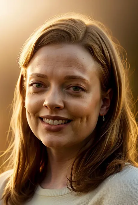 s4rahsn00k-1850, masterpiece, sfw, austere, closeup headshot portrait, detailed face, smiling emotional facial expression, standing in front of beautiful artstation background, at sunset, golden hour lighting, lensflares, god rays, backlit, specular highlights,