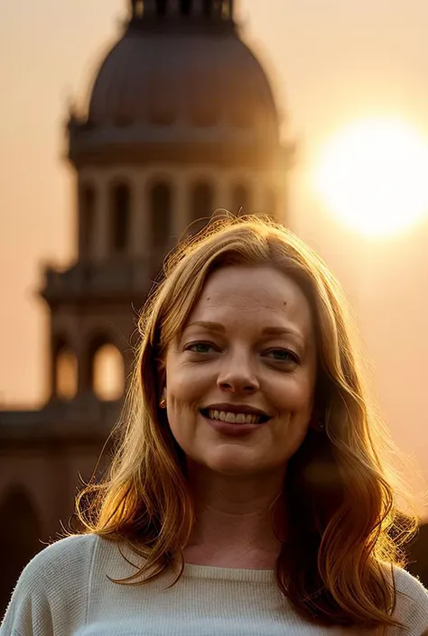 s4rahsn00k-1850, masterpiece, sfw, austere, closeup headshot portrait, detailed face, smiling emotional facial expression, standing in front of beautiful monument, at sunset, golden hour lighting, lensflares, god rays, backlit, specular highlights,