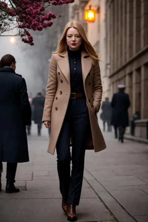 medium shot photo of a mix of (long coat, pinstripe pants, and leather boots:0. 8) and (sweater:0.5) (s4rahsn00k-1850:0.99), nice cleavage, red lips, intricate steampunk+ city, evening, dark, atmospheric, mist, best quality masterpiece, photorealistic, detailed, 8k, HDR, shallow depth of field, broad light, high contrast, backlighting, bloom, light sparkles, chromatic aberration, sharp focus, RAW color photo<lora:epiNoiseoffset_v2Pynoise:1.0>